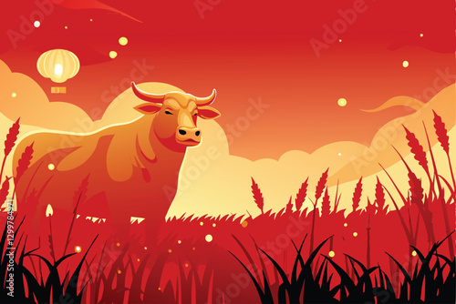 A majestic golden ox, imposing and detailed, stands in a vibrant field of red poppies under a clear sky.