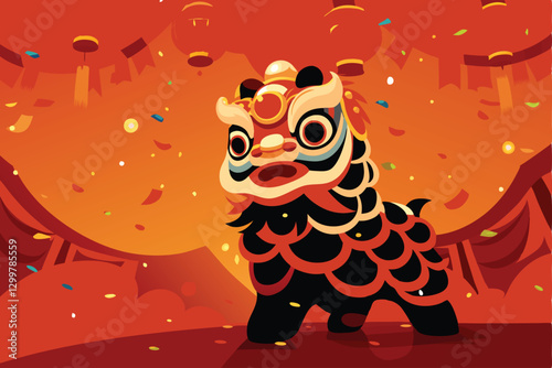 A vibrant, majestic Chinese lion dance figure, exquisitely detailed, surrounded by swirling celebratory smoke and enthusiastic onlookers.