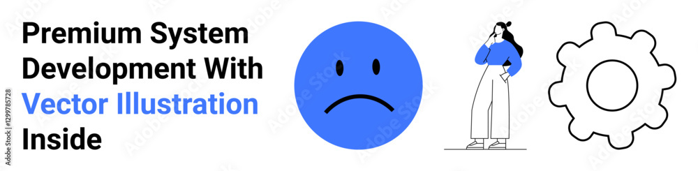 Fototapeta premium Blue sad face, thoughtful woman in casual attire, and outlined gear icon. Ideal for creativity, brainstorming, process optimization, emotional expression, teamwork, design systems flat landing page