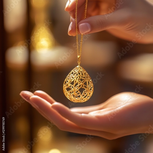 Luxury Jewelry Woman Holding Gold Pendant Necklace