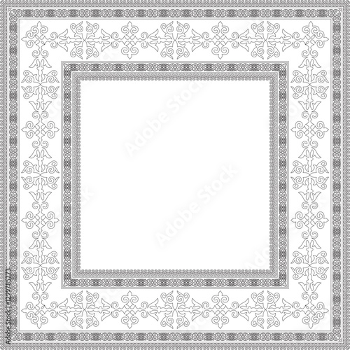 Vector black contour square Kazakh national ornament. Ethnic pattern of the peoples of the Great Steppe