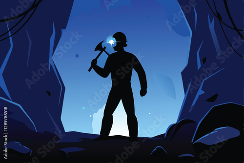 A lone miner's silhouetted figure, dramatically backlit, with a bright headlamp illuminating the dark mine shaft.  Emphasis on atmospheric lighting and texture.