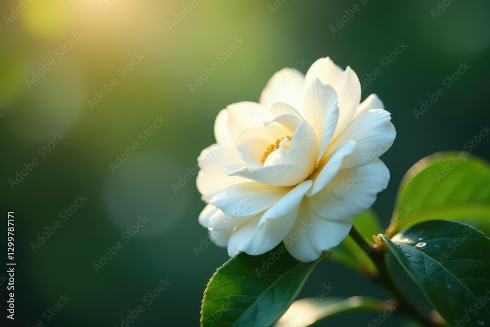 Obraz premium Delicate white camellia flower blooms in the morning dew, flowers in bloom, blossom, white