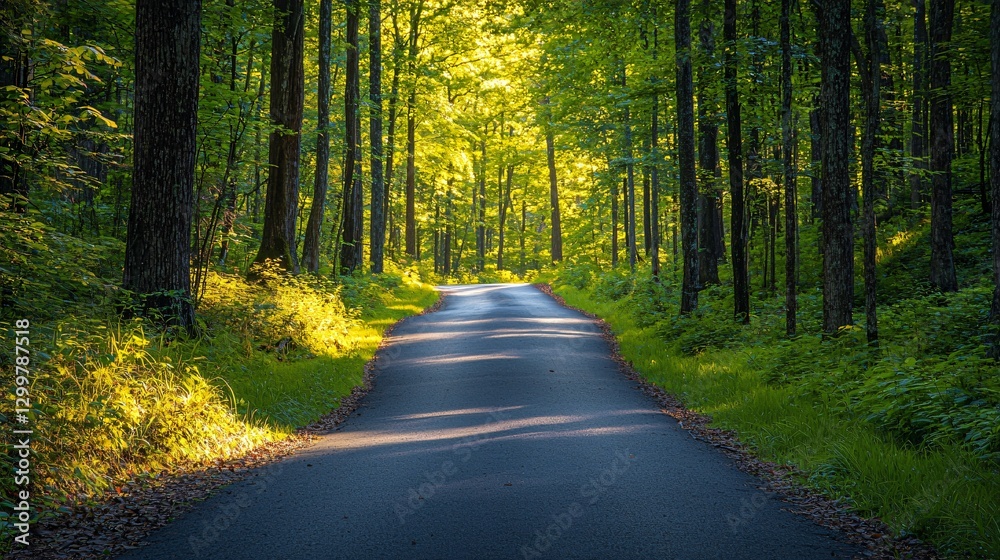 Fototapeta premium Serene Forest Pathway Nature Landscape Photography Sunlit Greenery Tranquil Viewpoint