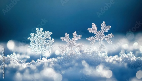 Close-up of three intricate snowflakes on a bed of sparkling snow against a soft blue backdrop photo