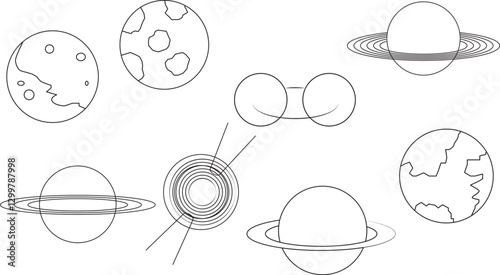 Space Stars, Meteorites and Planets Line Art Set