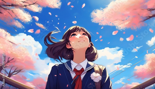 青空に桜舞う春の入学シーズンの背景と制服を着た新入生の女子高校生のイラスト。AIで生成