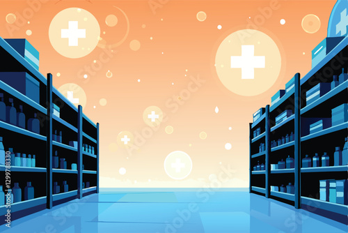 A sleek, modern pharmacy interior showcasing meticulously organized shelves overflowing with various medications and health products.  Bright, clean aesthetic.