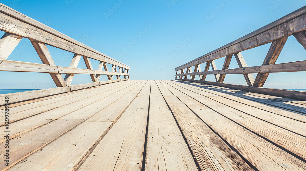 Obraz premium Wooden Bridge Over Sand Leading to Ocean Under Blue Sky
