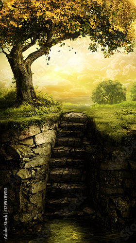 Stone Steps Leading to a Golden Sunset Landscape