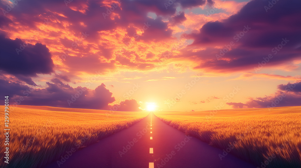 Breathtaking View of a Country Highway with a Stunning Sunset Backdrop Breathtaking View of a Country Highway with a Stunning Sunset Backdrop