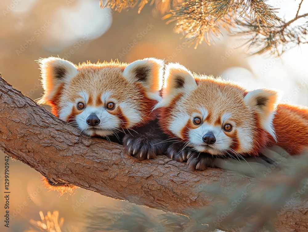 Fototapeta premium Two Adorable Red Pandas Resting on Tree Branch, Warm Sunlight, Wildlife Photography