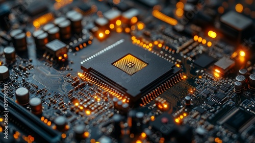 Close-up of a illuminated computer processor on a circuit board.