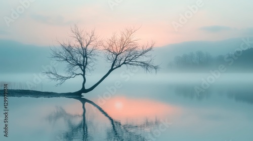Tranquil Sunset Over Misty Lake Landscape