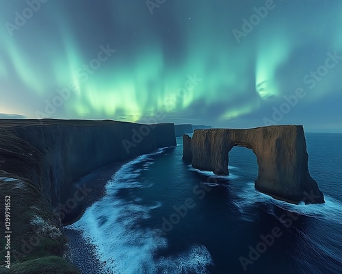 Aurora over cliffs & arch. Iceland ocean view