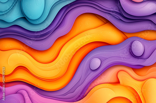 Colorful abstract background with wavy paper-cut shapes in purple, orange, and blue colors.
