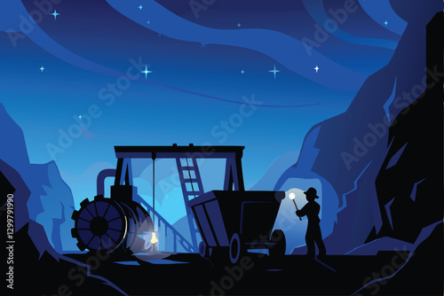 A dramatic nighttime shot of an active mining operation, powerfully lit by the machinery's headlights and floodlights, showcasing the scale and intensity of the work.