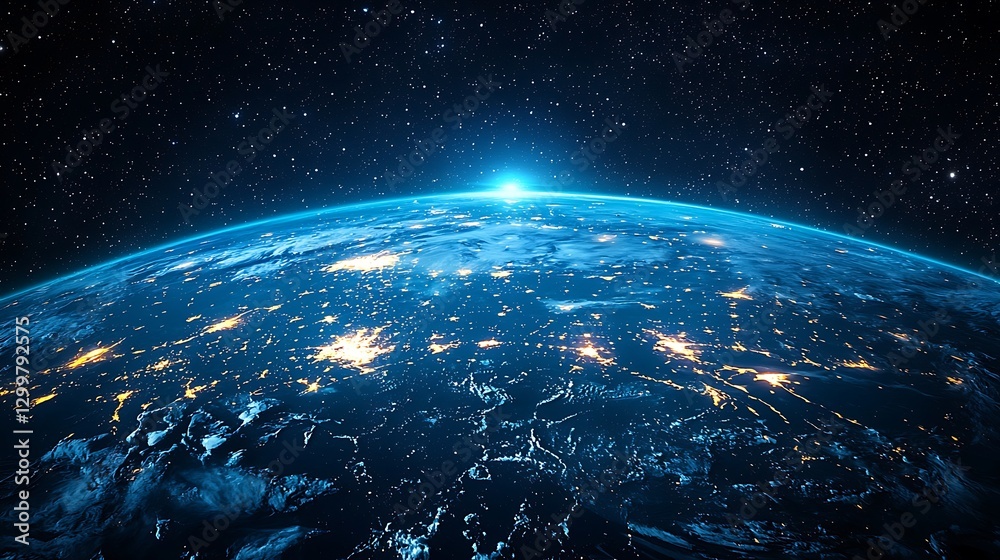 Obraz premium Planet at dawn from space in starry background