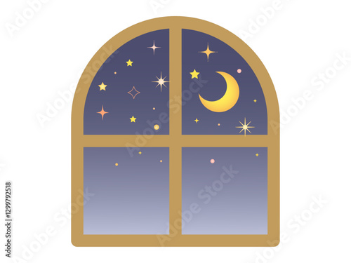 星と月が輝く夜空が見える可愛い窓のイラスト素材