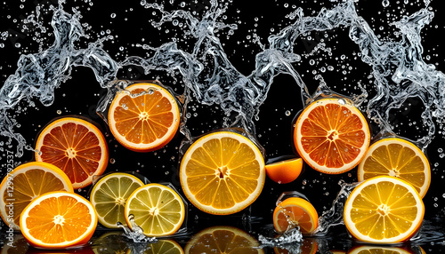 Fototapeta Naklejka Na Ścianę i Meble -  Fresh juicy oranges and lemons splashing water vibrant citrus fruits