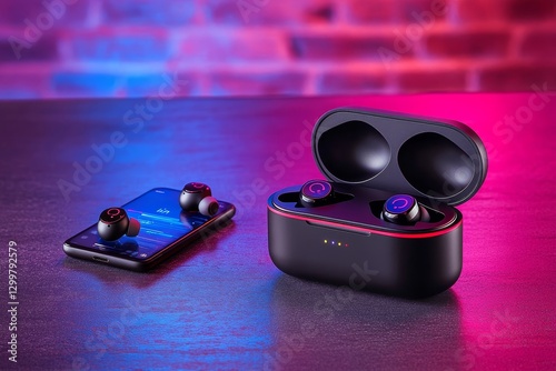 Obraz na płótnie High-Quality Wireless Earbuds with Charging Case and Smartphone Display w salonie