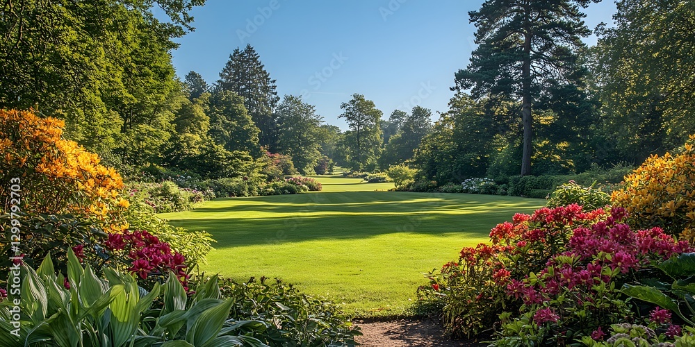 Obraz premium Serene Garden Landscape: A Picturesque View of Lush Greenery and Vibrant Blooms under a Clear Blue Sky