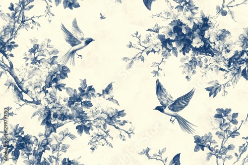 Elegant Blue and Ivory Bird and Floral Seamless Pattern photo