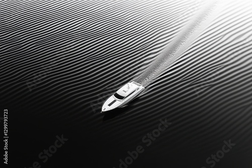 Luxury Yacht Sailing on Dark Water, High Angle View