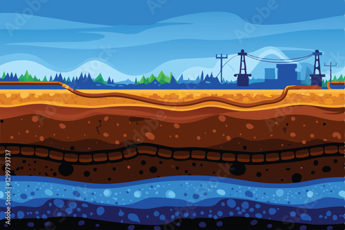 Detailed cross-section illustration of diverse soil layers, including bedrock, subsoil, and topsoil, showcasing distinct geological strata and compositions.