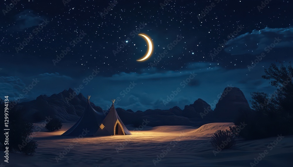 Fototapeta premium Serene Desert Night Scene with Illuminated Tent under Crescent Moon and Starry Sky