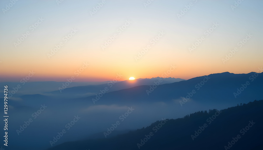 Serene Sunrise Over Misty Mountain Ranges Peaceful Dawn Landscape Serene Sunrise Over Misty Mountain Ranges Peaceful Dawn Landscape