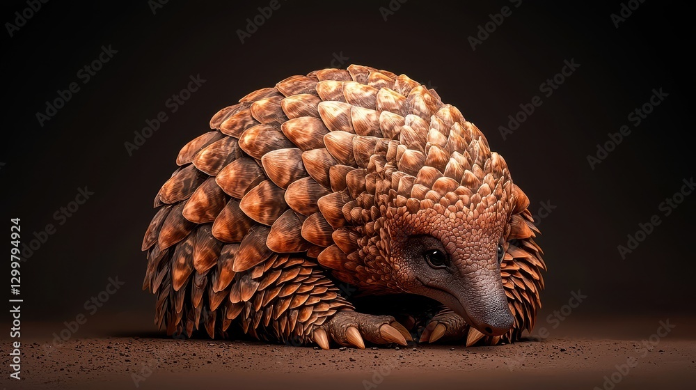 Wildlife Serengeti Landscape savanna concept. A close-up of a pangolin, showcasing its unique scales and curled posture against a dark background. Wildlife Serengeti Landscape savanna concept. A close-up of a pangolin, showcasing its unique scales and curled posture against a dark background.