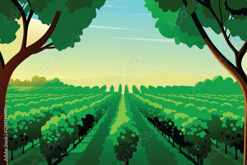 Serene vineyard landscape; sun-drenched rows of grapevines stretching across rolling hills under a clear blue sky.  Peaceful, idyllic vineyard scene.
