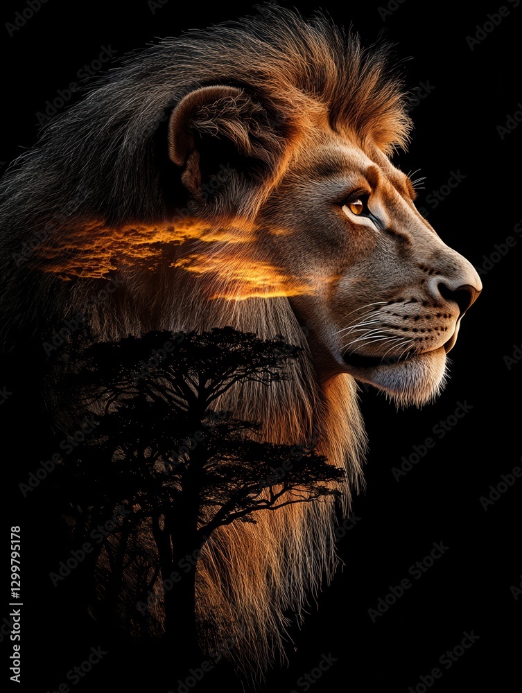 Naklejka premium Majestic Lion at Sunset in the African Savanna A Powerful Portrait of African Wildlife