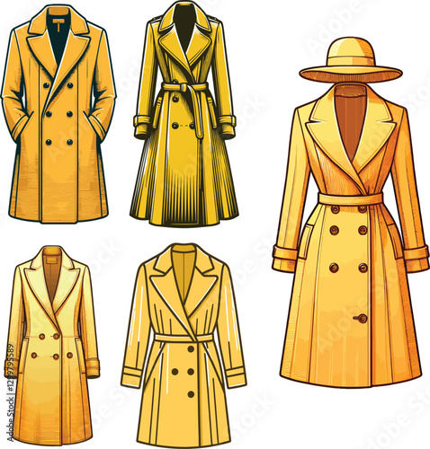 Color Set Girls overcoat dress drawing technical fashion illustration Design