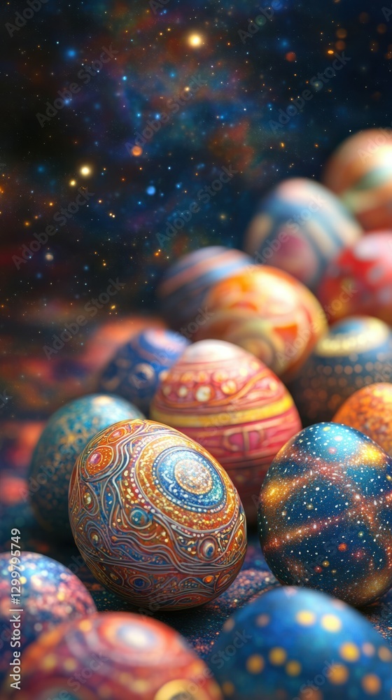 Happy Easter Sunday background, A set of Easter eggs, each decorated with unique planetary symbols of the solar system, arranged in a circular cosmic pattern Happy Easter Sunday background, A set of Easter eggs, each decorated with unique planetary symbols of the solar system, arranged in a circular cosmic pattern