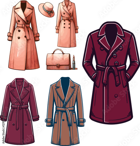 Color Set Girls overcoat dress drawing technical fashion illustration Design