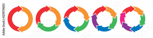 Colorful circle transition stages. Circular arrows. Diagram infographic set. Rotation cycle vector 2, 3, 4, 5, 6, parts. Cyrcle, process, and flow concept