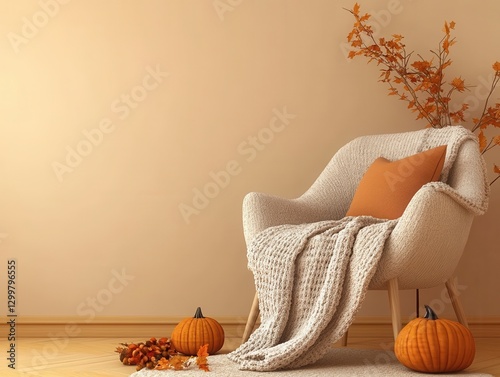Cozy Autumn Armchair with Pumpkins and Fall Decor in a Peaceful Living Room