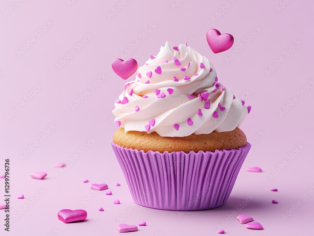 A Delectable Pink and Purple Cupcake with Whipped Cream Frosting and Heart-Shaped Sprinkles A Delectable Pink and Purple Cupcake with Whipped Cream Frosting and Heart-Shaped Sprinkles