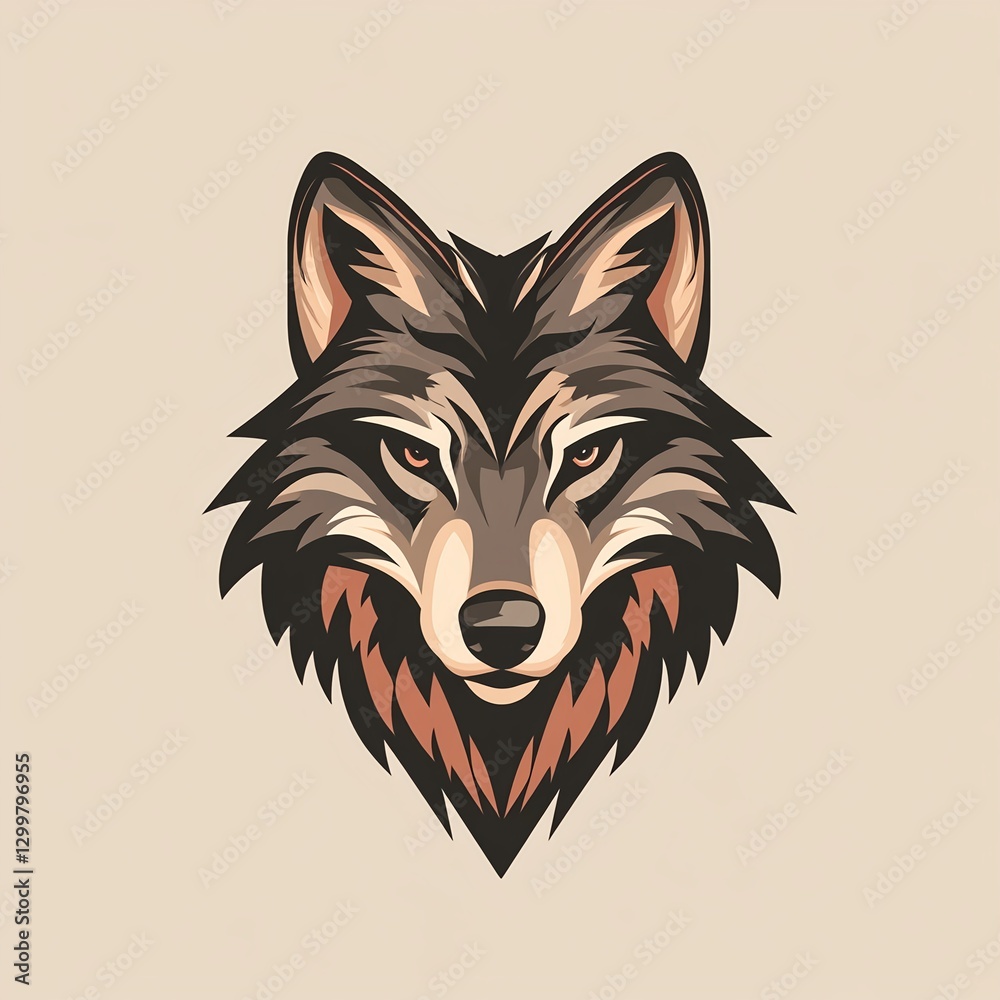 Naklejka premium Majestic Wolf: A stylized head, intense gaze, beige background. Abstract art with powerful presence.