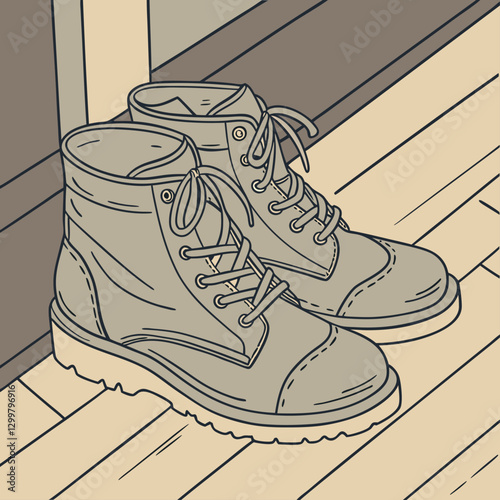 Create a realistic vector illustration of a pair of well-worn, distressed leather boots, showing creases, scuffs, and texture detail.