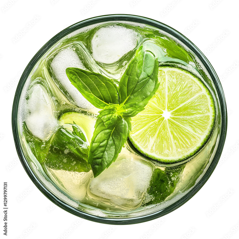 Obraz premium Gin tonic mojito cocktail with mint in a glass top view isolated on transparent white background, clipping path
