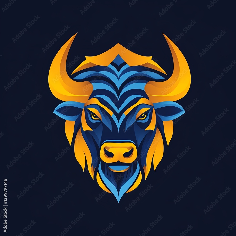 Majestic Bison: A Striking Abstract Logo Design in Vibrant Blues and Golds Against a Dark Background. Majestic Bison: A Striking Abstract Logo Design in Vibrant Blues and Golds Against a Dark Background.