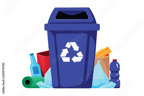 A close-up shot of a overflowing recycling bin surrounded by diverse recyclable materials like plastic bottles, cans, paper, and cardboard.