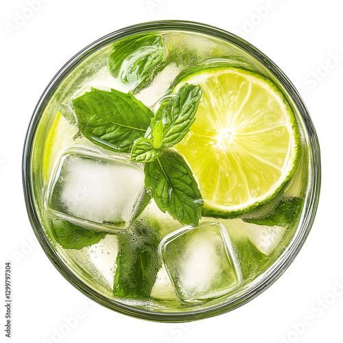 Gin tonic mojito cocktail with mint in a glass top view isolated on transparent white background, clipping path