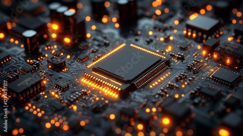 Close-up of illuminated central processing unit on circuit board