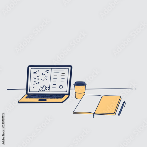 A cluttered journalist's desk laptop, coffee mug, scattered papers, pen, notepad, highlighting the busy work environment of a reporter.
