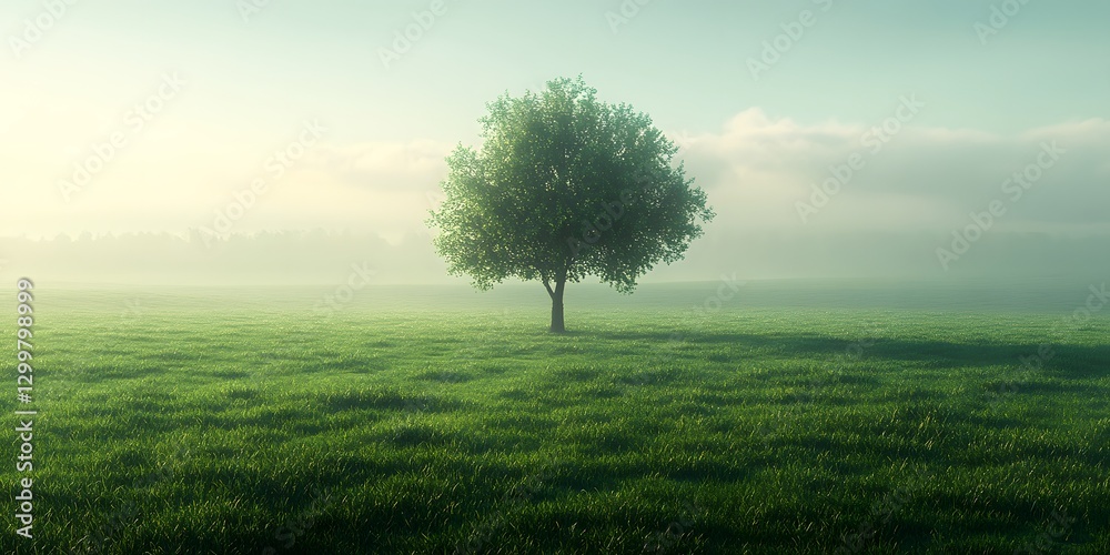 Fototapeta premium Solitary Tree in a Misty Meadow: A Serene Landscape