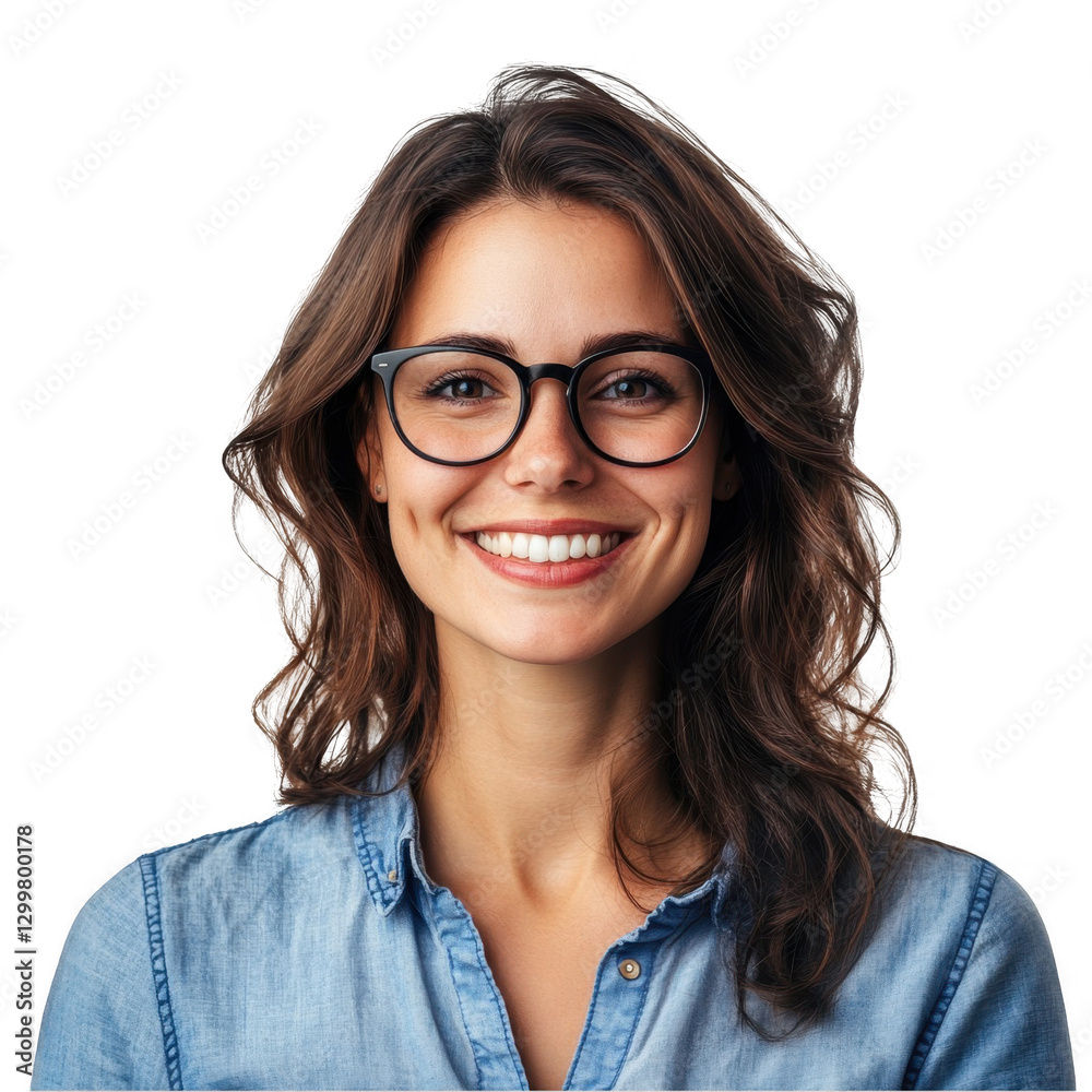 Obraz premium Young Woman with Glasses Smiling Cheerfully in Casual Clothing